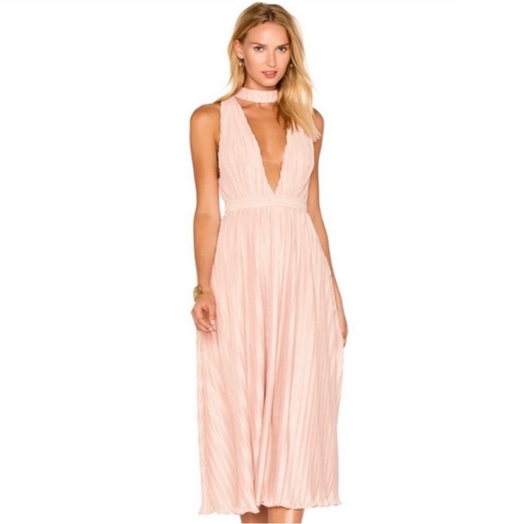 NBD REVOLVE PINK PLUNGING V-NECK PLEATED MIDI DRESS - Picture 1 of 10
